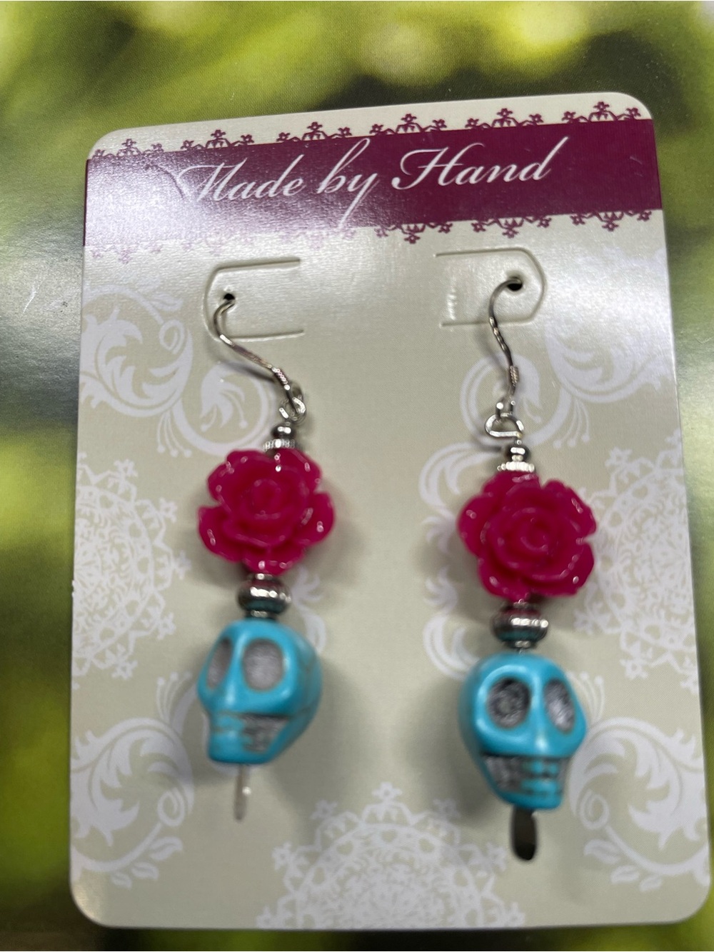 Handmade Red Rose & Turquoise Skull Howlite Dangle Earrings